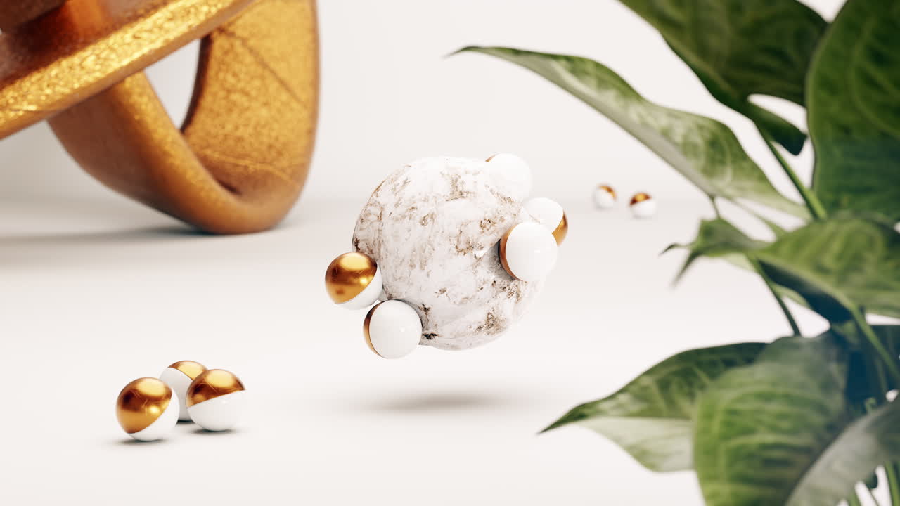 Balls rolling on sphere near plant. 3d animation loop