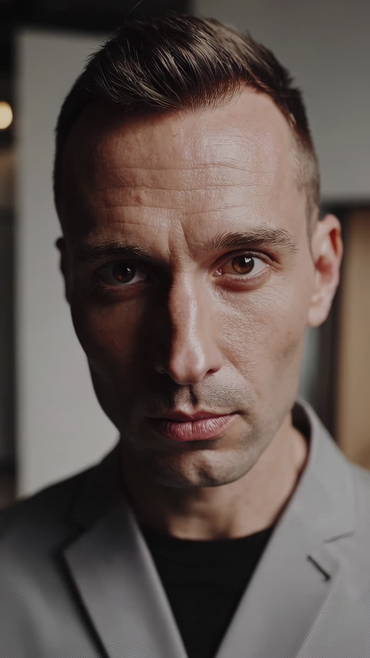 Ritratto ravvicinato di un uomo serio con uno sguardo intenso