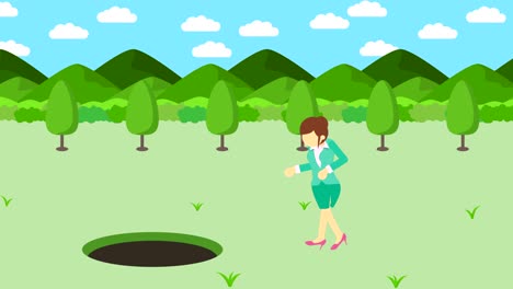 mujer de negocios saltar por encima del agujero. fondo de las montañas. concepto de riesgo. ilustración de bucle en estilo plano.