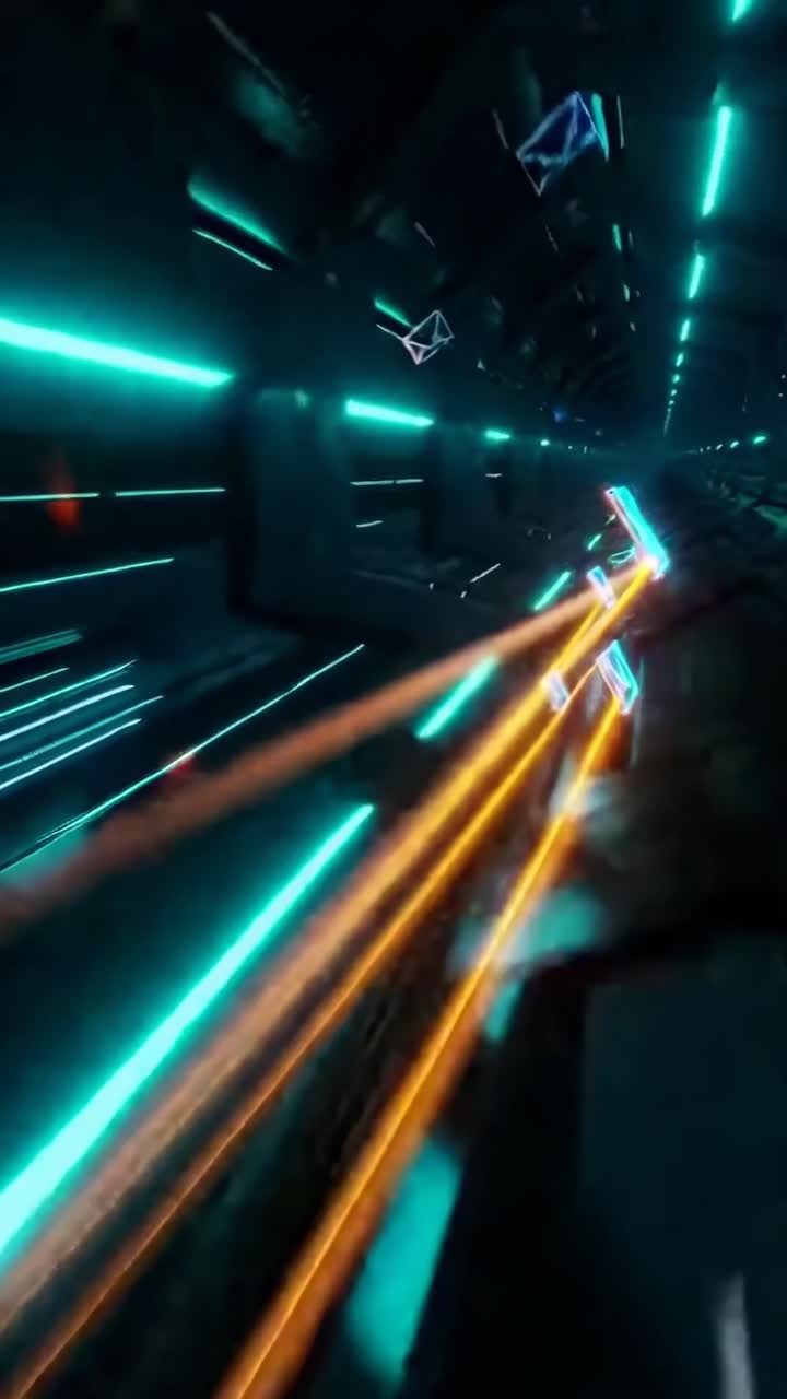 Video di un tunnel neon futuristico con un'angolazione dinamica in prima persona, che mostra luci vibranti