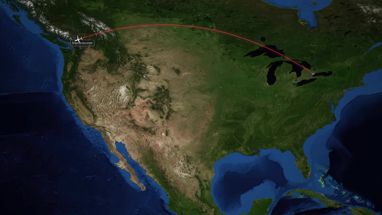 Satellite map animation tracks a plane flying from Toronto to Vancouver with a red line