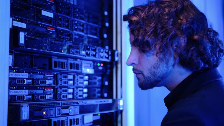 Mand, der analyserer servere i et datacenter