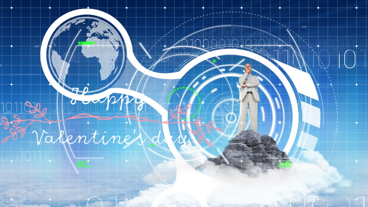 데이터 프로세싱의 애니메이션과 행복한 발렌타인 데이 오버 백인 사업가