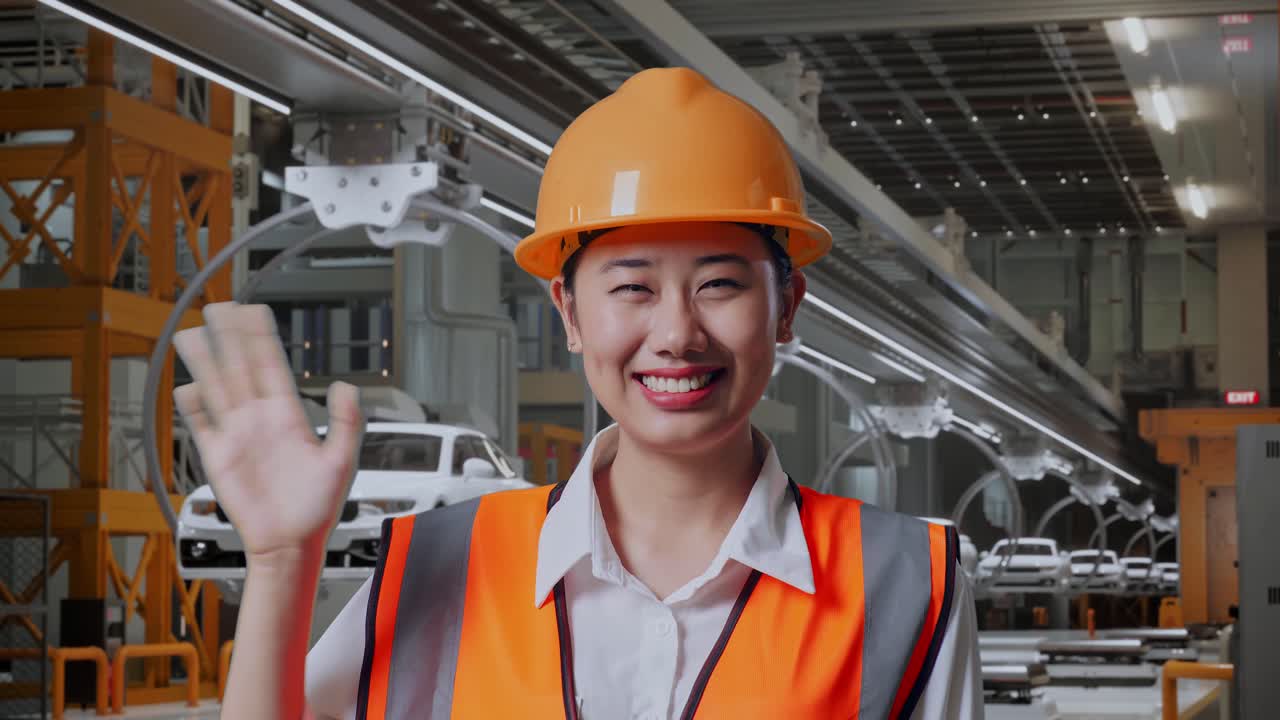 안전 헬을 입은 아시아 여성 엔지니어가 카메라를 향해 미소 짓고 손을 흔들며 ev 자동차 공장에 서서 작별 인사를 하고 있습니다.