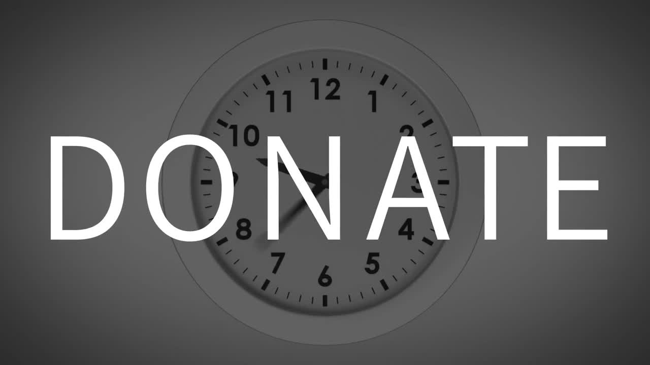 Animation of donate text over clock moving on white background