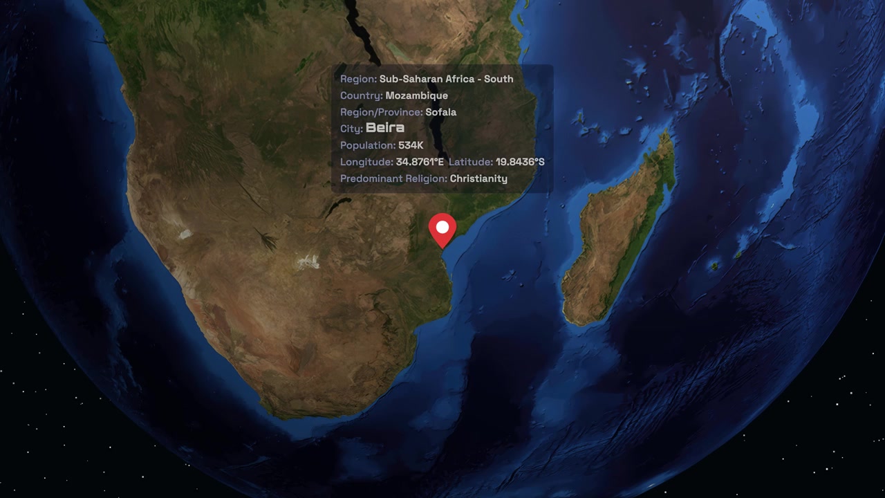 A digital globe rotates and zooms into Beira, Mozambique, displaying regional and religious statistics