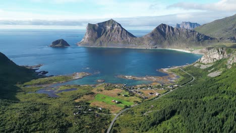 lofoten islands natural landscape and coastline in norway, scandinavia - aerial circling