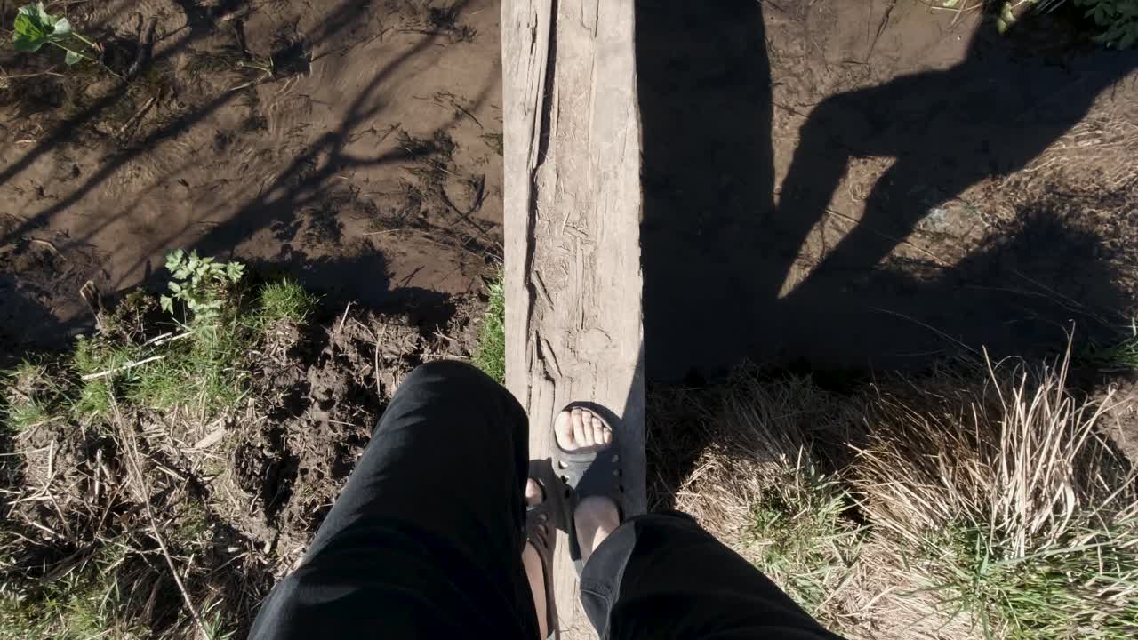 persona caminando sobre un tronco y suelo seco