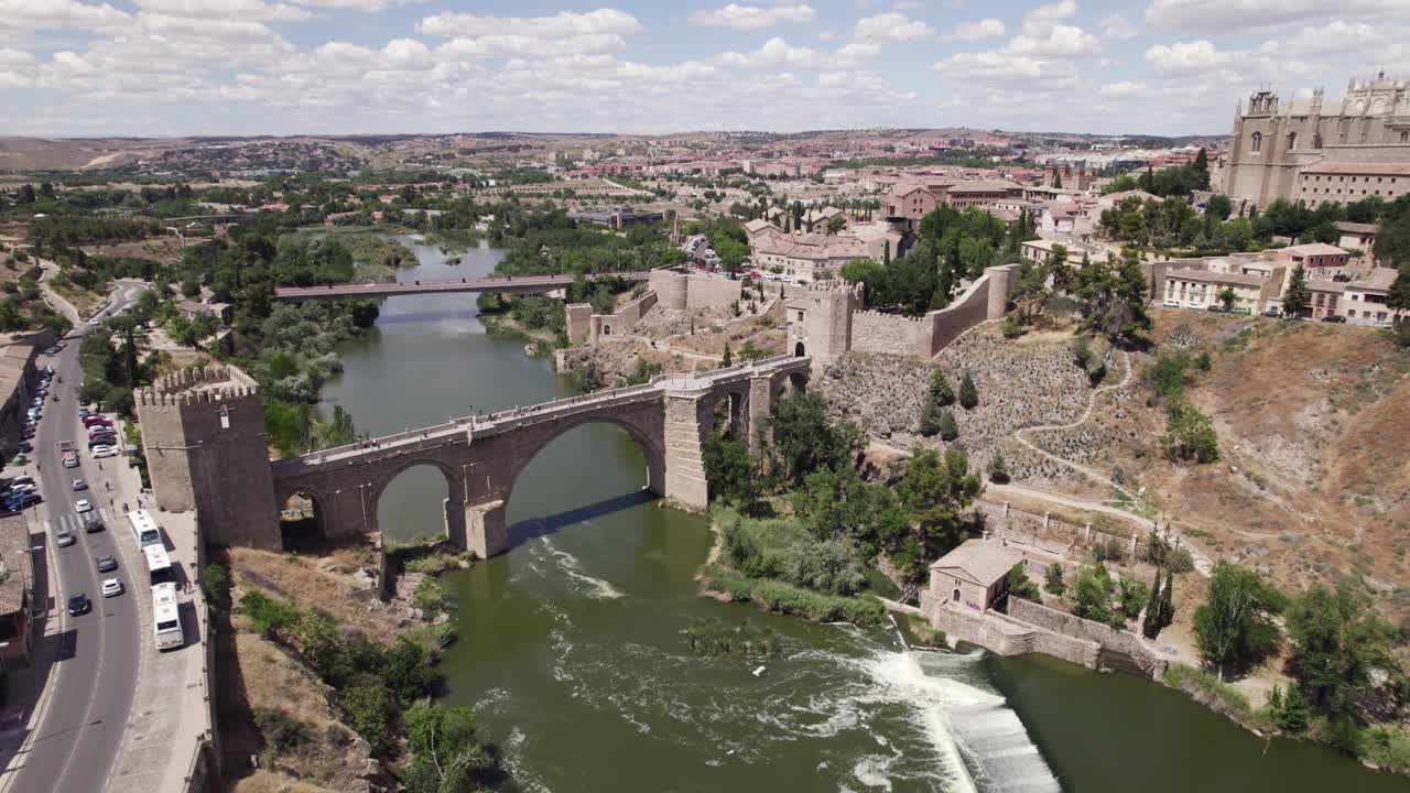 Puente de San Mart&iacute;n medieval bridge across the river Tagus in Spain, aerial view