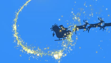 golden shooting star over santa claus in sleigh being pulled by reindeers on blue background