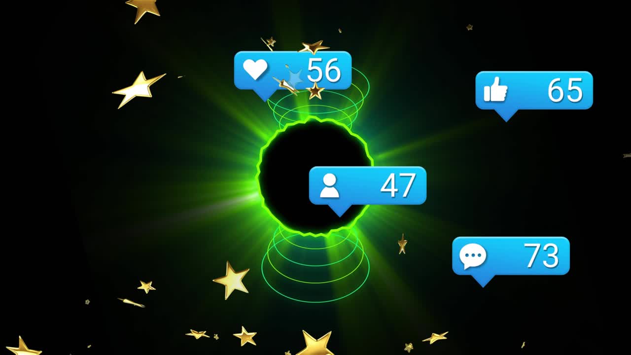 Stars drifting around green portal pulsing rings and icons popping up to update counts