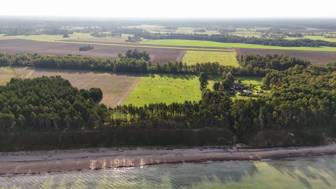 Rural Fields And Beach In Jurkalne Village In Latvia. - aerial shot