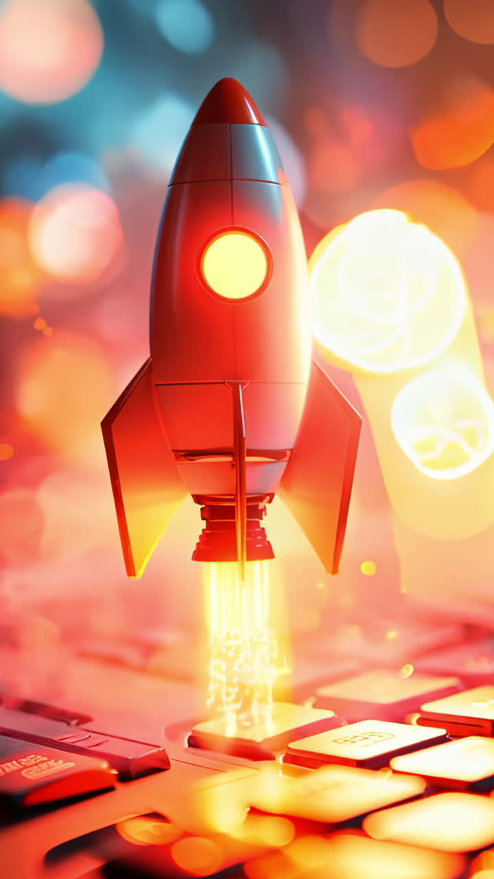 Rocket Launching on a Keyboard Amidst Colorful Sparks. A miniature rocket blasts off from a keyboard, surrounded by vibrant sparks and glowing lights, creating an imaginative tech-inspired spectacle. Vertical video