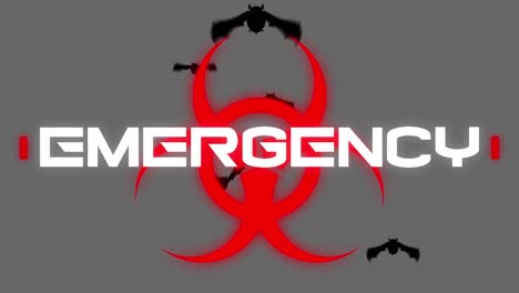 animatie van nood covid 19 tekst en biohazard teken over vleermuizen