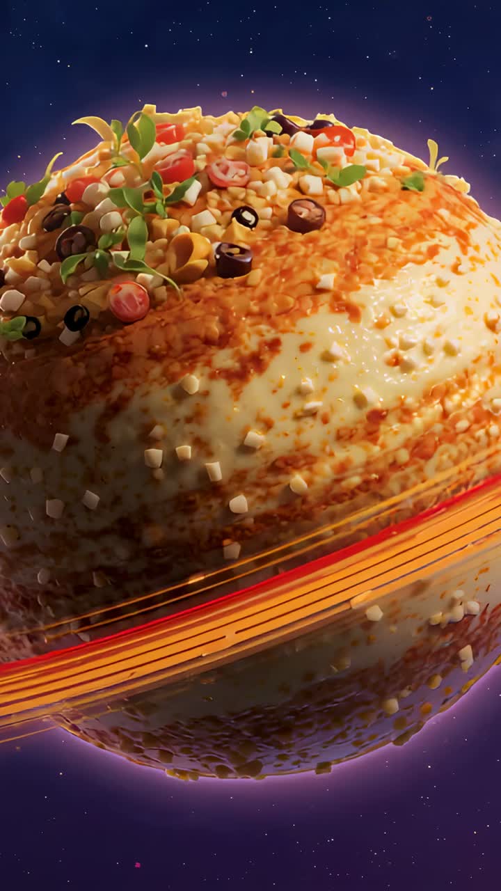Vídeo vertical: planeta de comida giratorio con la cámara acercándose en el espacio, mostrando queso fundido, hierbas y un anillo