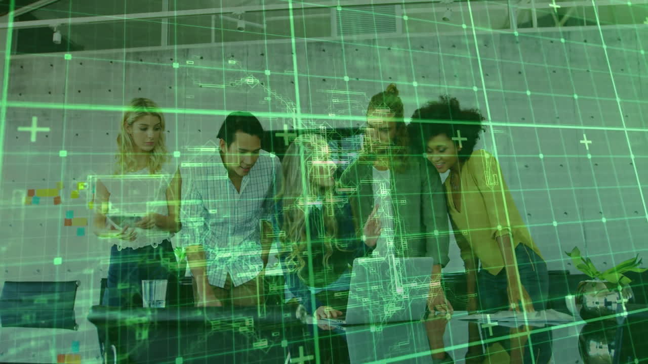 office colleagues analyzing laptop documents in tech office, with animated green grid overlay