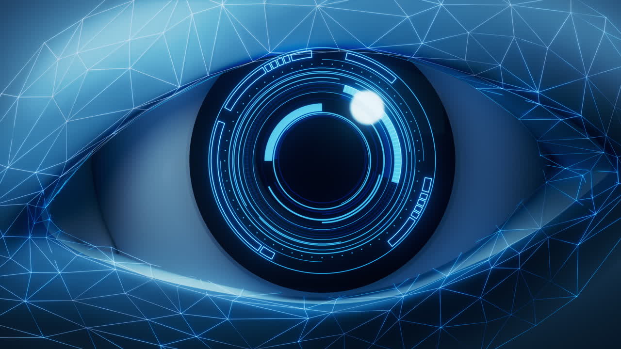 An eye in the dark with a HUD pupil, 3d rendering.