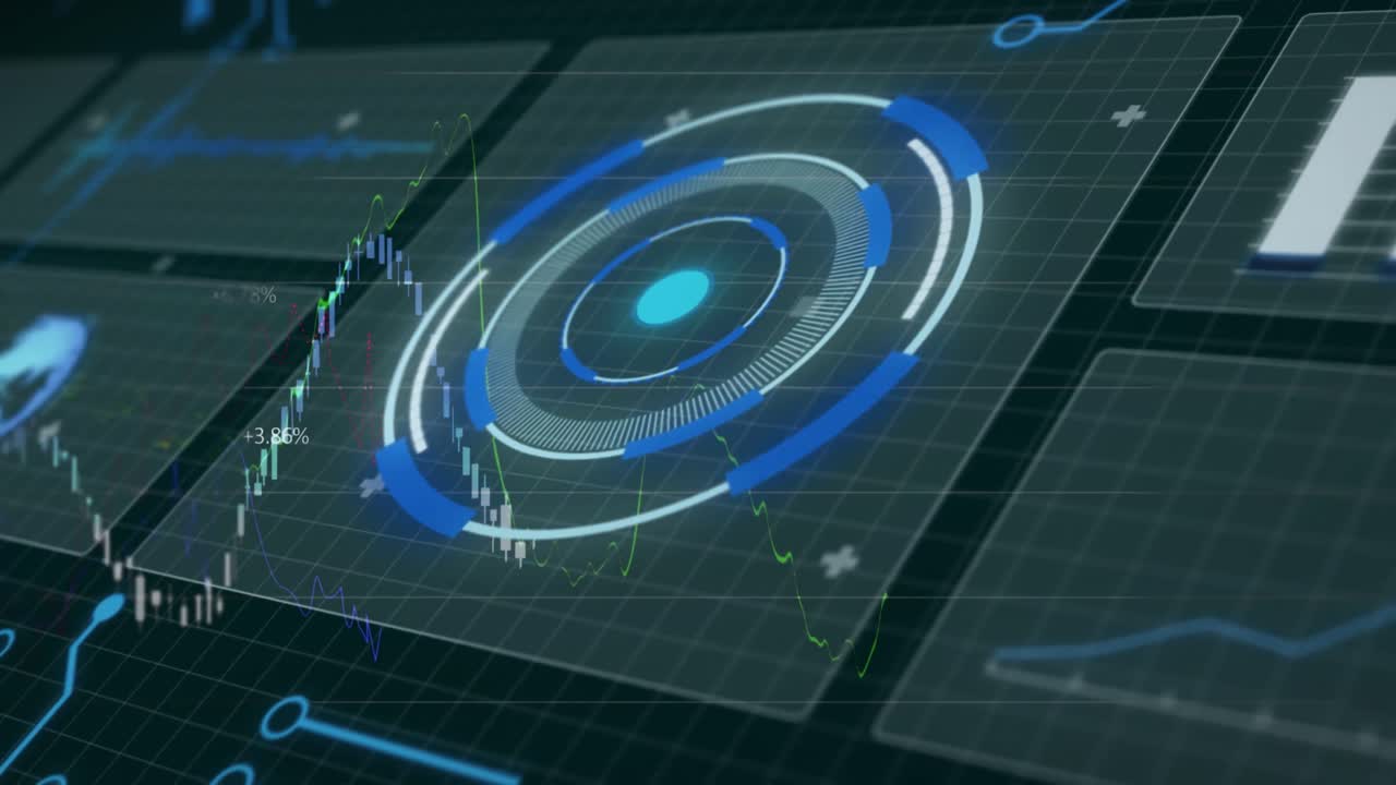 Animation of hud screens with radar and multiple graphs moving on grid background