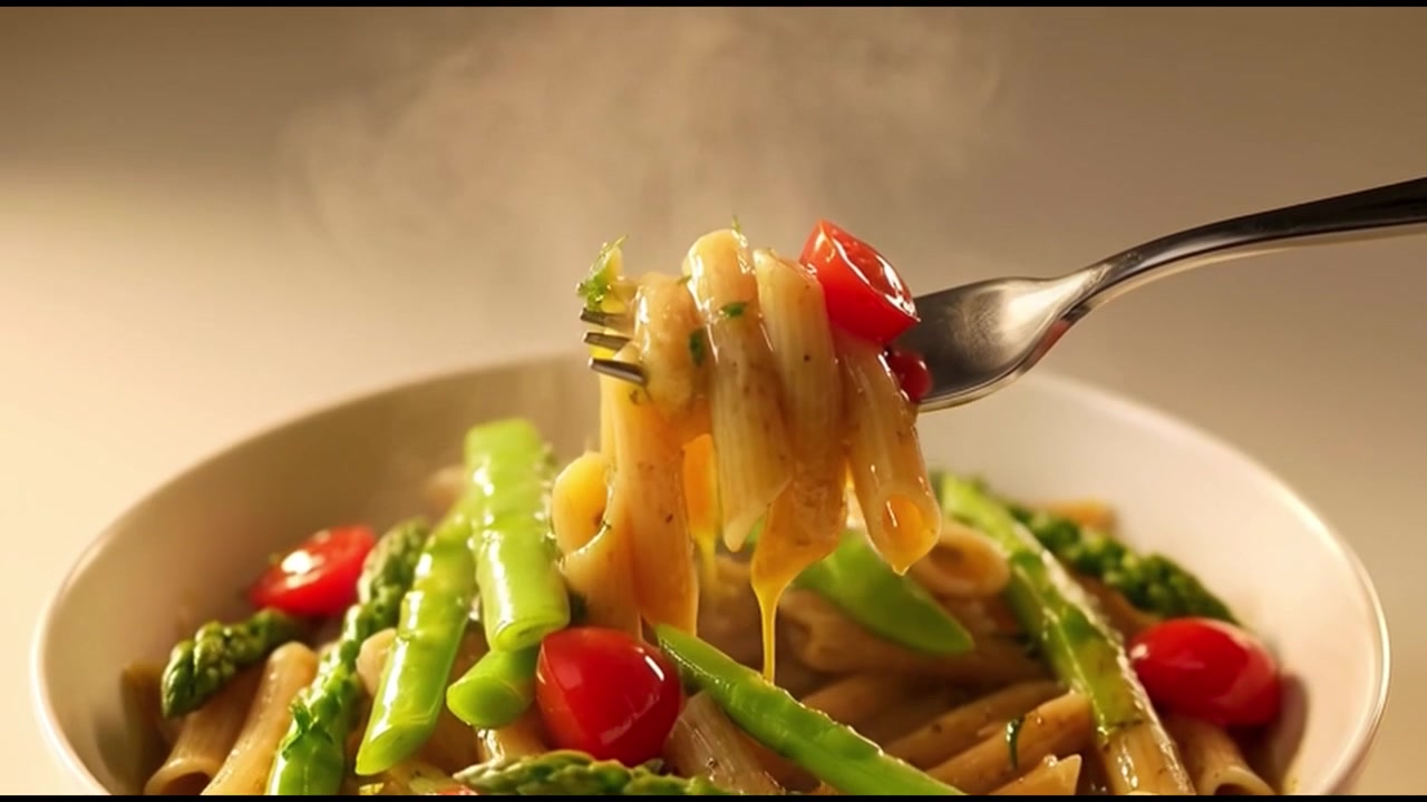 Forchetta che solleva penne fumanti con asparagi e pomodori
