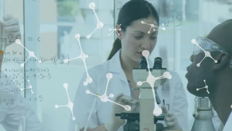 animation of scientific data processing and molecules over diverse scientists in laboratory