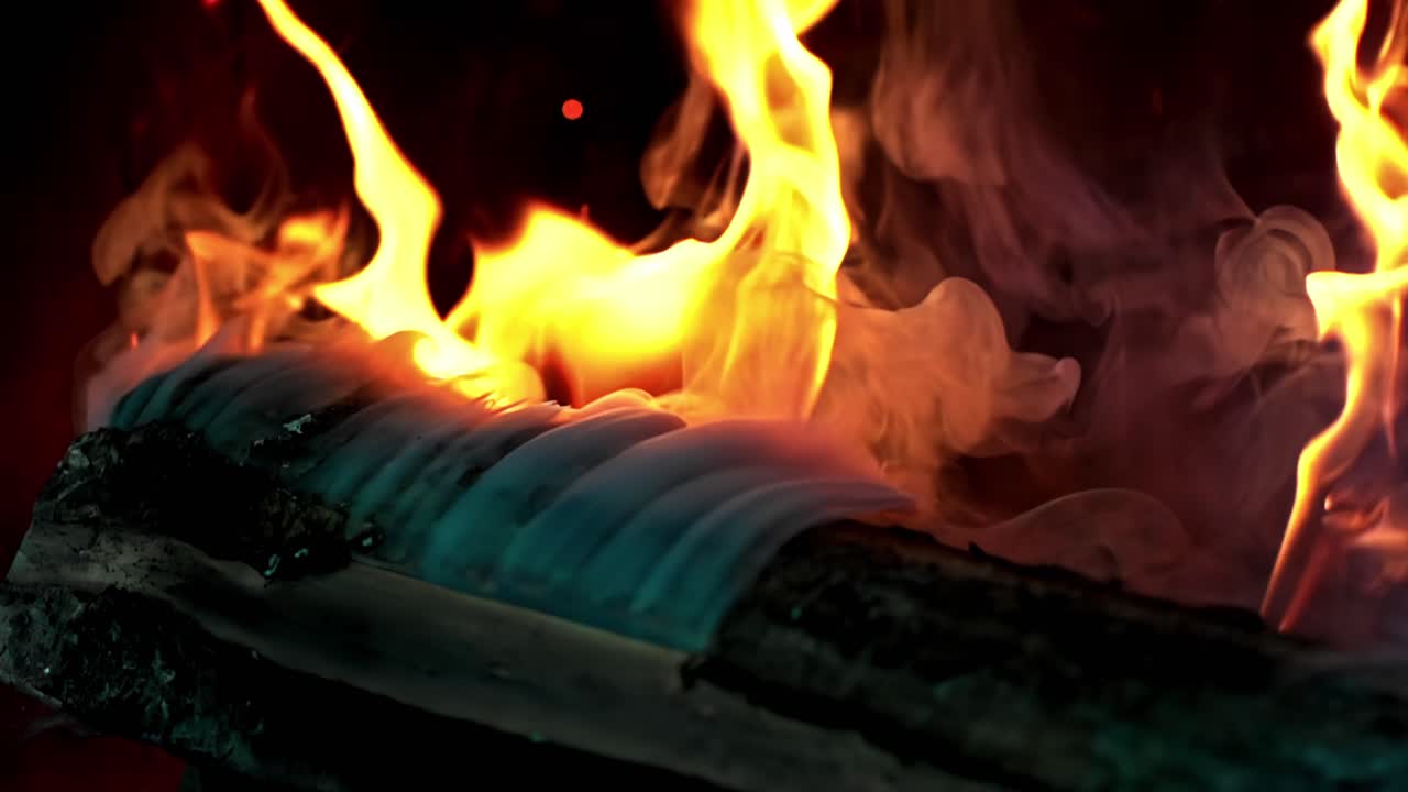 Flames flicker and smoke rises slowly off burning log in stylized slow motion view