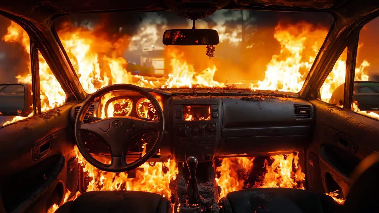 un coche está envuelto en llamas en medio de la noche