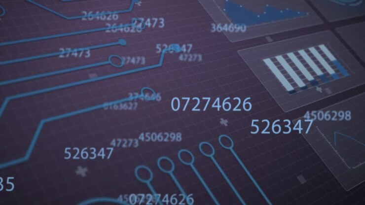 Animation of integrated circuit and changing numbers on violet background