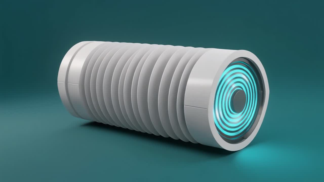 Futuristisk cylindrisk enhed med udvidende ribber og glødende blå koncentriske cirkler