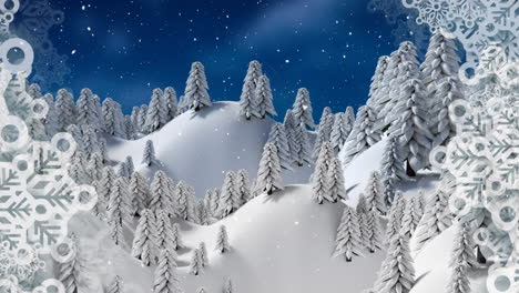 snow falling over multiple tress on winter landscape against night sky