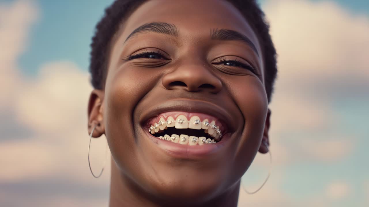 Smiling teen girl laughing then settling while camera filming at sky, showing braces, hoop earrings