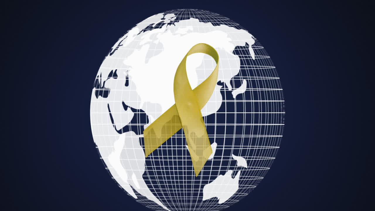 Animazione di un nastro giallo su un globo rotante su sfondo blu