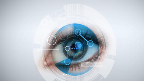 digital interface with data processing over close up of female eye against grey background