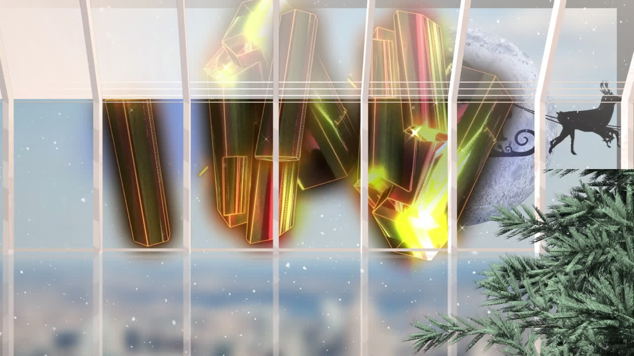 animación de la nieve cayendo sobre santa claus en trineo y cristales.