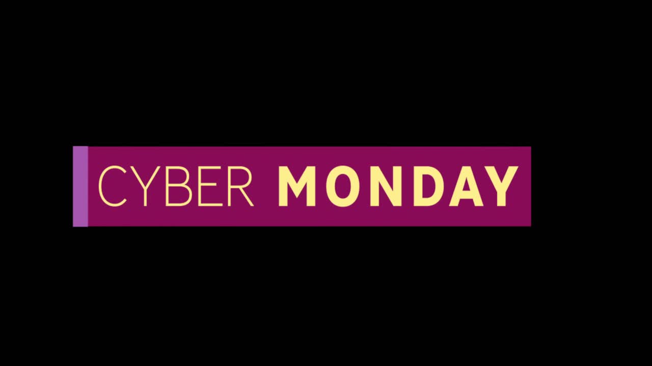 texto amarillo y púrpura de cyber monday que aparece contra una pantalla negra