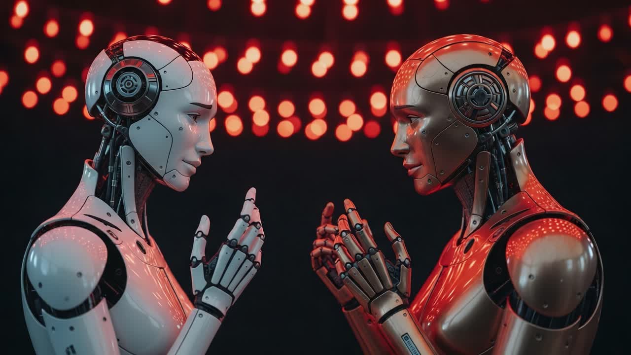 A Captivating Encounter Between Two Advanced Robots: Exploring the Depths of Artificial Intelligence and Emotional Interaction Under Ambient Lighting