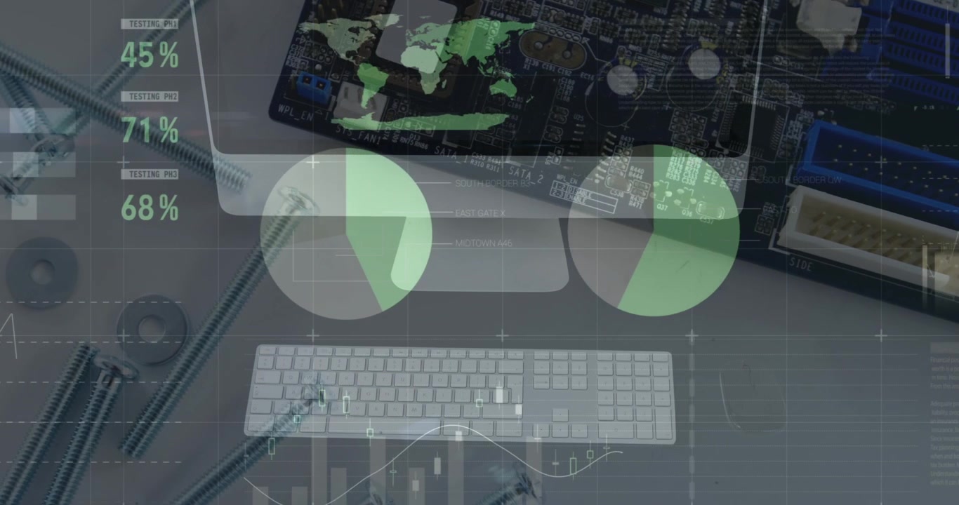 Animation of statistical data processing over desktop computer against close up of a circuit board