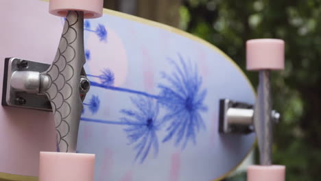 slider shot of skateboard on its side showing its customised artwork, pink wheels