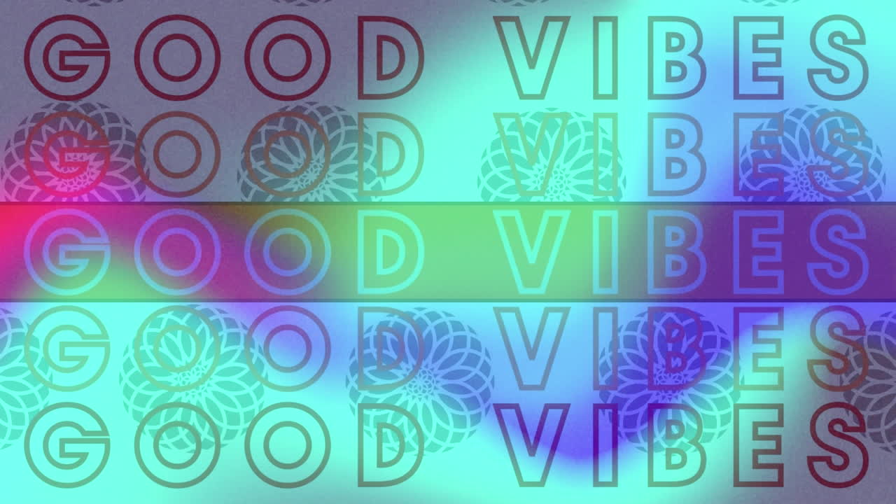 animación de texto buenas vibraciones, repetidas en negro sobre fondo azul y azul claro borroso
