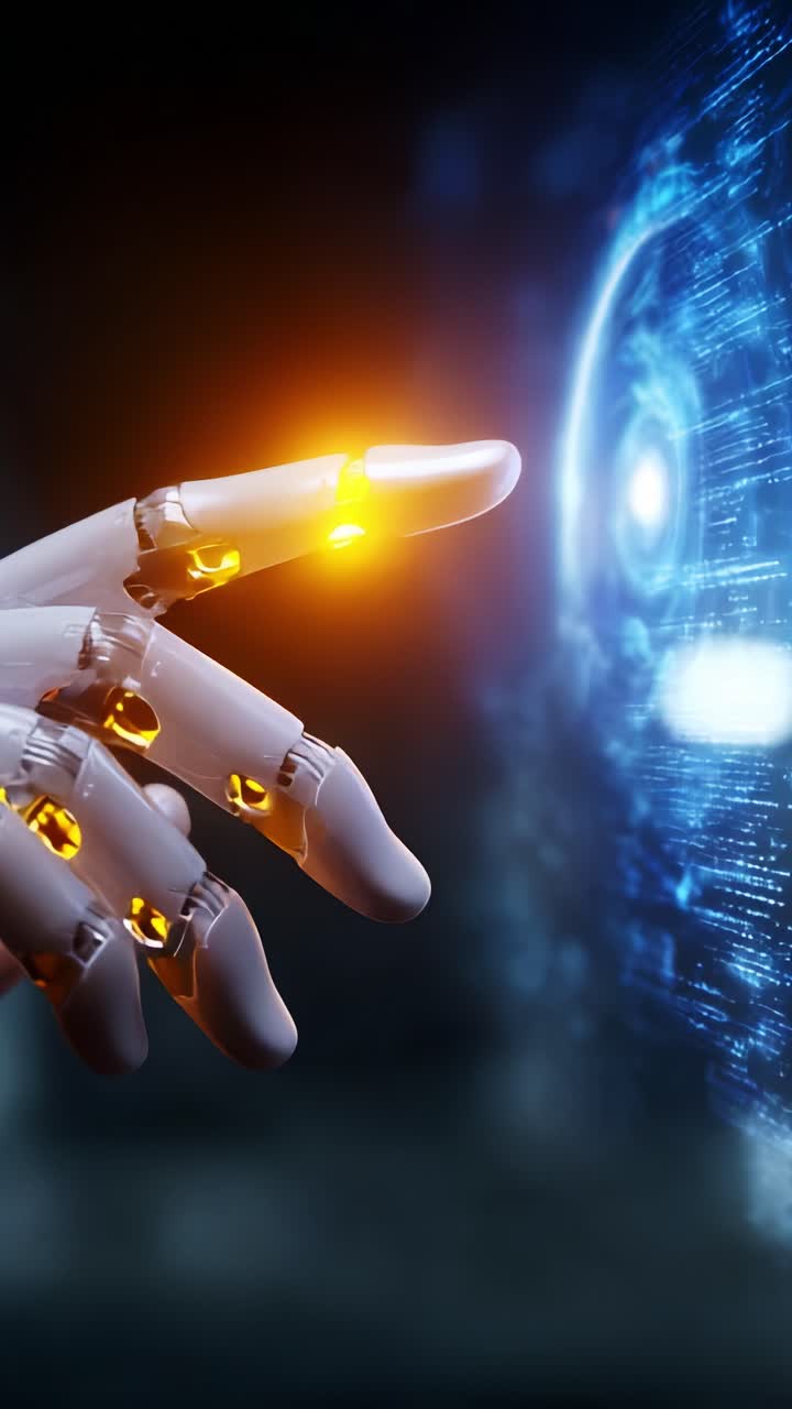 Uma mão robótica futurista estendendo-se para interagir com uma interface digital brilhante, simbolizando a interseção da tecnologia e da inteligência semelhante à humana