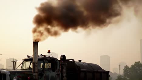An industrial vehicle emits dark smoke into the atmosphere, highlighting pollution in urban environments amidst city skyscrapers, illustrating the impact of emissions on air quality