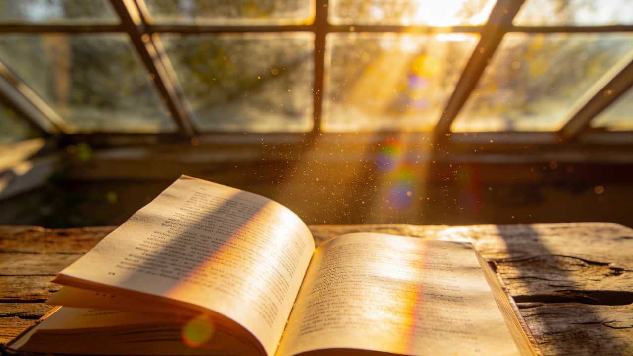 Il sole si muove, la luce solare si sposta su un libro appoggiato su un tavolo vicino alla finestra, proiettando striature prismatiche e granelli di polvere.