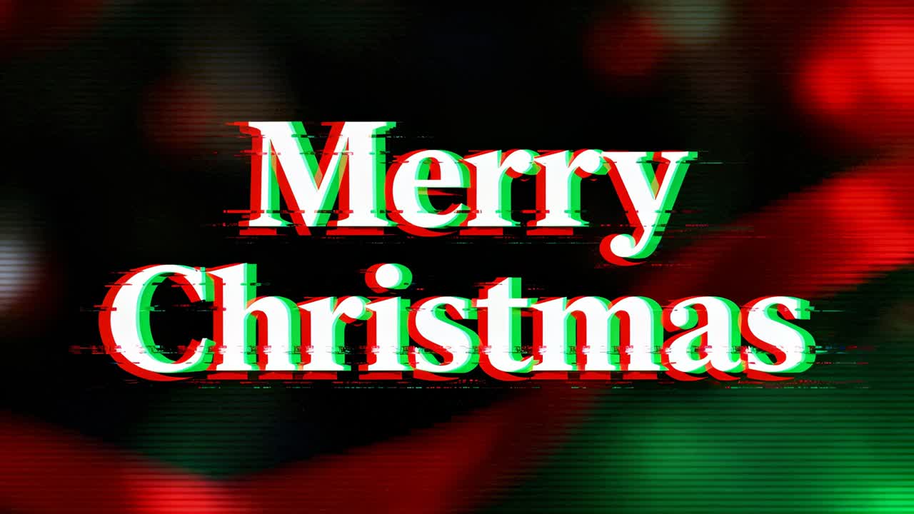 Playing two-line Merry Christmas serif text shifting on black backdrop, with RGB color glitches