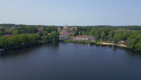 nice aerial top view flight vacation paradise village chlum at lake hejtman in czech summer day 2023