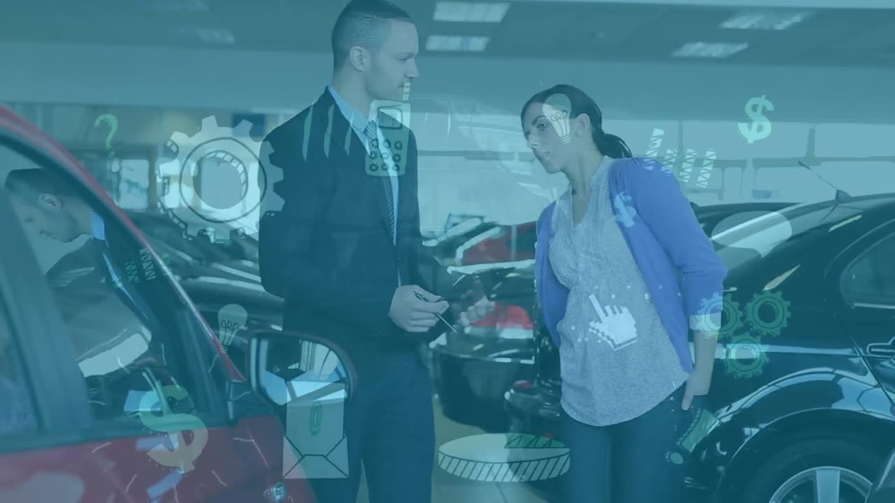 카우카시안 여성과 자동차 러의 두 인종 사업가에 대한 미디어 아이콘의 애니메이션