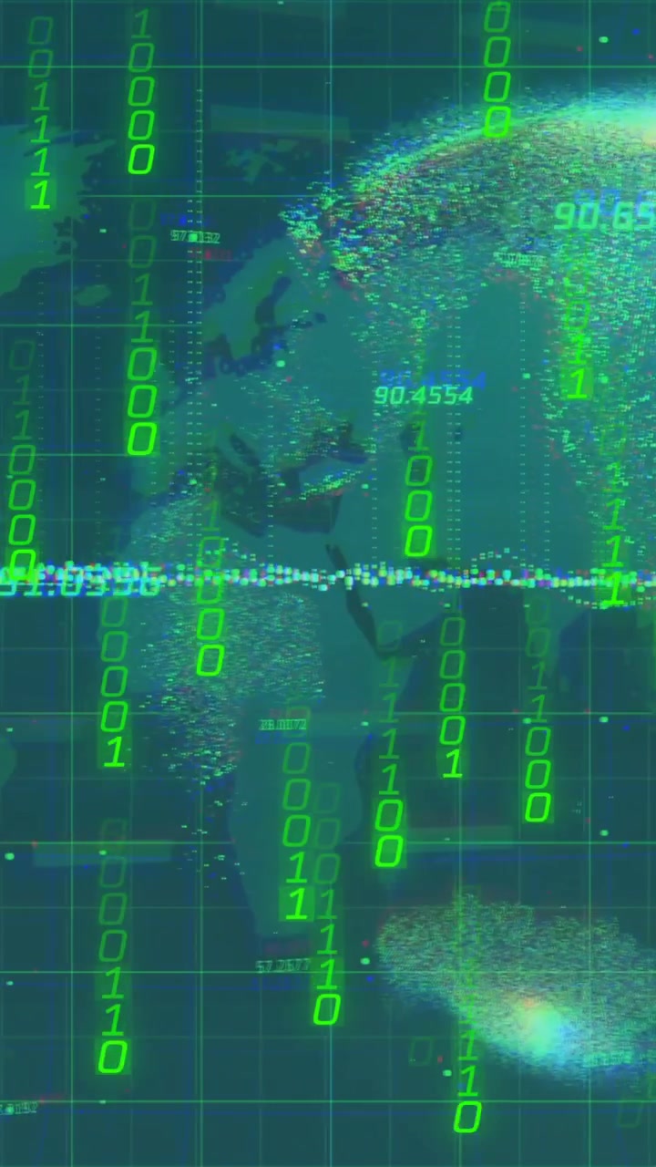 Binary code and numerical data over digital globe and world map animation