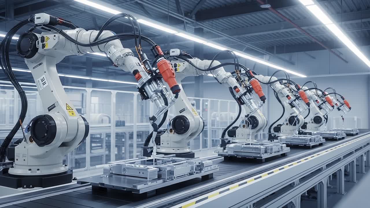 High-Tech Industrial Robotics in Automated Manufacturing: A Series of Advanced Robotic Arms Working on an Assembly Line