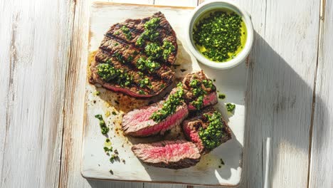 grilled steak with chimichurri sauce on rustic white background