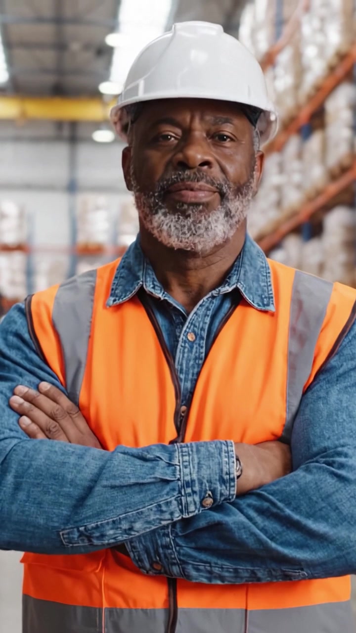 Confident Warehouse Worker in Safety Gear: A Professional in Action with Safety Vest and Hard Hat, Ready for a Productive Day in the Warehouse Environment