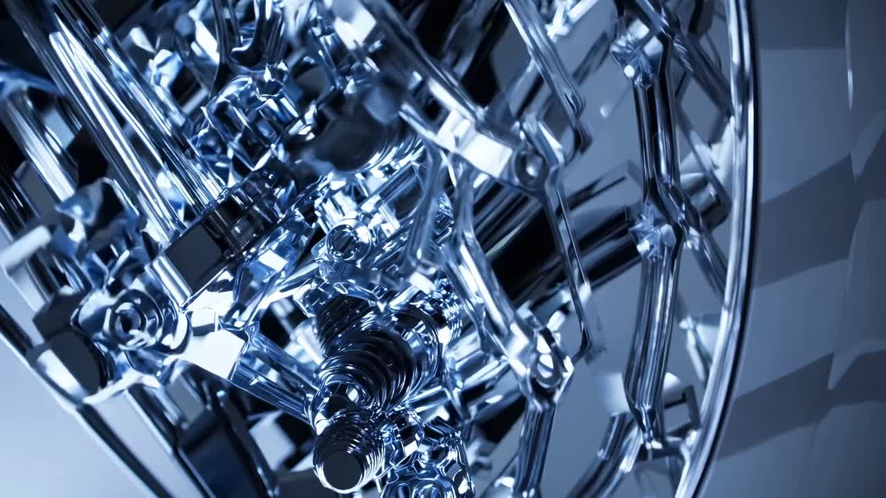 Abstract close-up of intricate metallic gears in cool blue tones, shot from a low angle, perfect