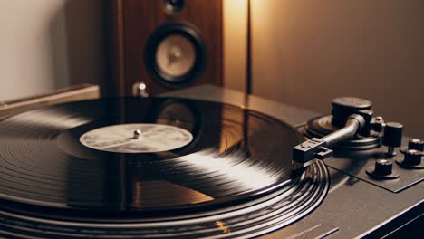 close-up angle of a vintage turntable spinning a vinyl record, capturing a nostalgic and retro vibe